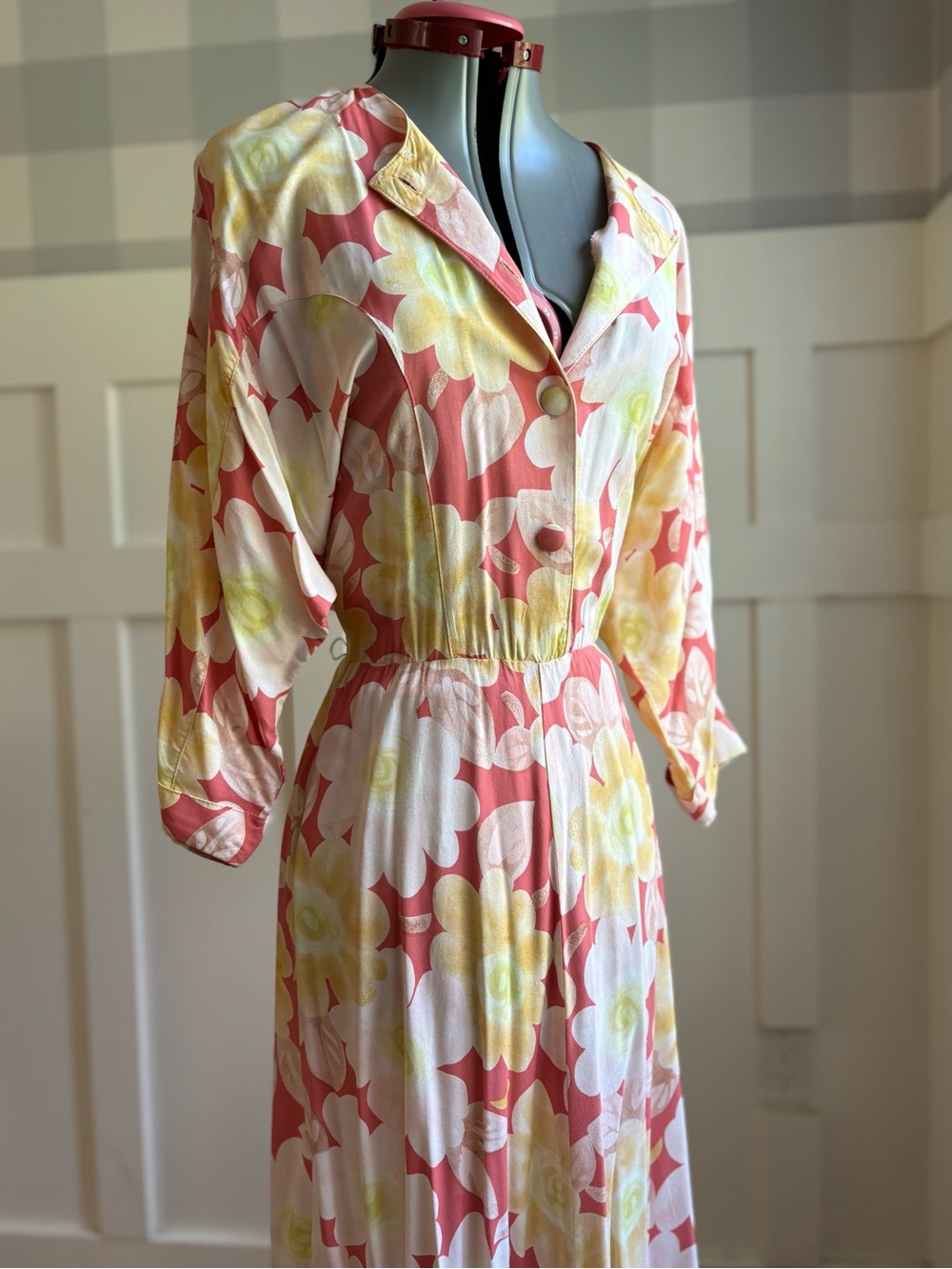 70’s Vintage Nina Piccalino Pink and Yellow Floral Button-Front Maxi Dress Large - Picture 3 of 9